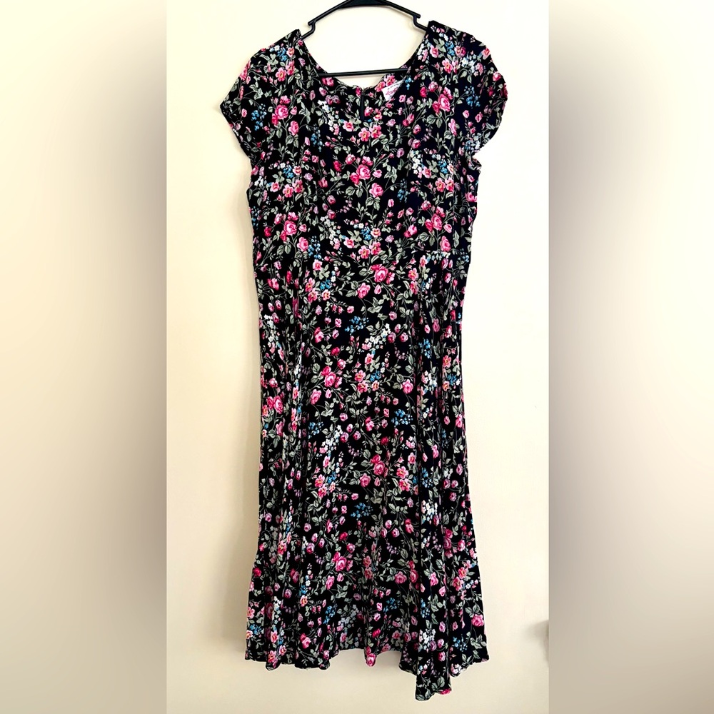 Lanz of Salzburg Floral Dress Black Pink V Neck Zipper Cap Sleeve Women Midi L